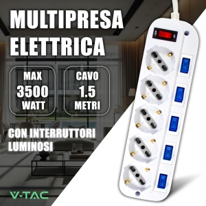 Priza multipla V-TAC cu 5 prize, 1016 A, 1.5m cablu, culoare alba - Img 2