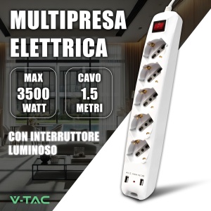 Priza multipla V-TAC cu 5 socketi, 2 USB, 1.5m cablu, culoare alba - Img 2