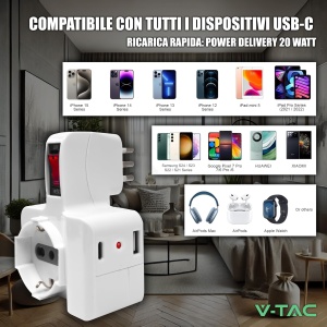 Priza multipla V-TAC cu USB-C 20W, 3 iesiri, 1,5m cablu - Img 4