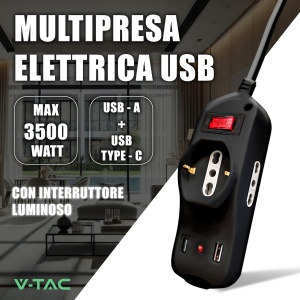 Priza multipla V-TAC cu USB-C 20W, USB-A, 3 prize, neagra - Img 2