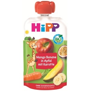 Puree Fructe si Legume HiPP Bio Mango-Banane cu Mar si Morcov, 8 x 100g, Fara Zahar Adaugat