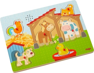 Puzzle sonor din lemn HABA - 6 piese, animale de ferma, 2 ani