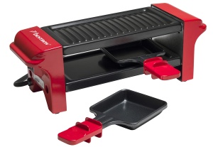 Raclette Bestron pentru 1 pana la 2 persoane, mini gratar de masa cu doua tigai si doua raclete din lemn, 350 wati, culoare: rosu/negru - Img 3