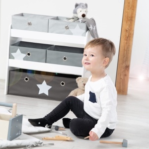 roba Raft de joaca Stars - Raft de jucarii pentru camera copiilor cu 5 cutii din tesatura - cu motiv stea - Raft de depozitare pentru baieti si fete - lemn alb - Img 2