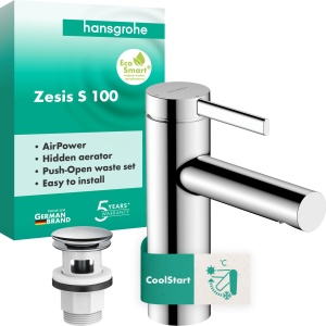 Robinet baie hansgrohe Zesis S, crom, inaltime 104 mm, EcoSmart