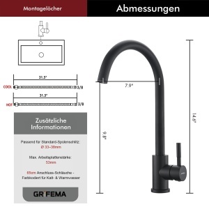 Robinet de bucatarie GRIFEMA G4008B, negru, din otel inoxidabil, cu sistem de economisire a apei - Img 7