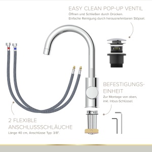 Robinet de lavoar Lenz Bow2 in crom - robinet de baie de inalta calitate cu gura pivotanta - instalare simpla si usor de curatat - 46010202 - Img 5