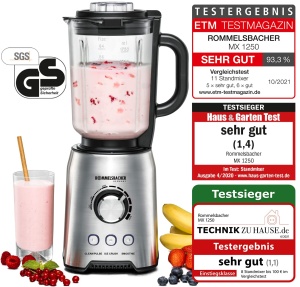 ROMMELSBACHER Blender MX 1250-22.000 rpm, control continuu al vitezei, butoane functionale (Smoothie, Clean/Pulse, Ice Crush), ulcior de sticla, carcasa din otel inoxidabil, lama speciala, 1200 wati - Img 2
