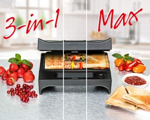 ROMMELSBACHER Multi Toast & Grill SWG 700 'Max' - 3 farfurii interschimbabile cu acoperire antiaderenta pentru sandvisuri, vafe belgiene, mancare la gratar, 700 wati, negru/otel inoxidabil - Img 3