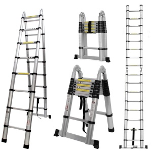 Scara telescopica COOCHEER 5M Scara multifunctionala 2 in 1 pliabila, capacitate de incarcare de pana la 150 kg (2,5 + 2,5 m), Sliber si negru