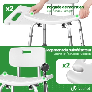 Scaun de dus VOUNOT cu spatar, inaltime reglabila 70-83cm, alb, suport dus - Img 6