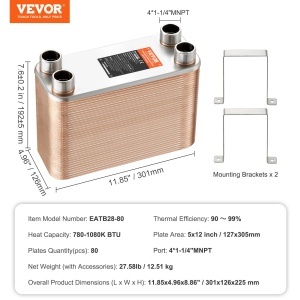 Schimbator de caldura VEVOR EATB28-80, 127 x 305 mm, 80 placi, inoxcupru - Img 7