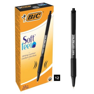 Set 12 Pixuri BIC Soft Feel Clic Grip, Negru, Strichstarke 1 mm