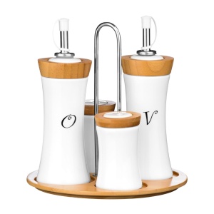 Set 4 piese pentru condimente Premier Housewares ceramica alba suport bambus