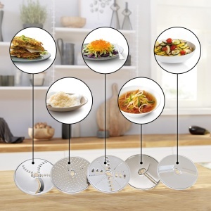 Set accesorii pentru masina de bucatarie Bosch VeggieLove MUZ5VL1, 5 discuri din inox, compatibil cu seriile MUM 2 si MUM 5 - Img 4