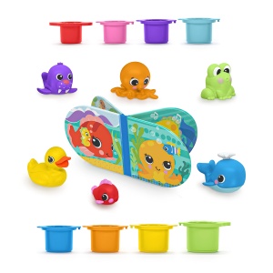 Set de baie de 15 piese Bright Starts, Splash, Splash Baby - carte impermeabila, ratuste de cauciuc, jucarii pentru animale de companie si cani de stivuire, unisex, 6 luni+