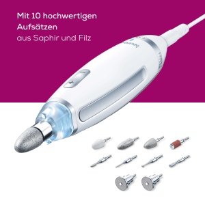 Set de manichiura / pedichiura Beurer MP 62, pila de unghii electrica cu 10 accesorii de ingrijire a unghiilor de inalta calitate, lumina LED, taietor de unghii cu control continuu al vitezei, cu geanta de depozitare, alb - Img 3