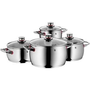 Set de oale cu inductie de calitate WMF 4 piese, set de oale de gatit cu capac de sticla, otel inoxidabil Cromargan lustruit, set de oale cu inductie neacoperite, deschidere cu abur - Img 1