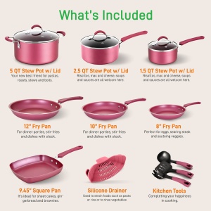Set de Oale si Tigai Antiaderente NutriChef, 20 piese, Marron Pink, Inductie - Img 2