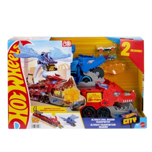 Set de Pista Auto Hot Wheels City JKJ79, Drachentransporter 2-in-1, 2 Masini Incluse - Img 7