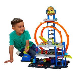 Set de pista Hot Wheels City Mega Park Garage, 3 nivele, capacitate 37 vehicule, cu masina si helicopter - Img 4