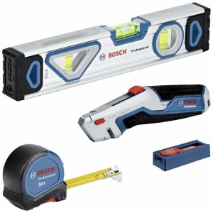 Set de scule de mana profesionale Bosch, 4 bucati (inclusiv nivela cu bula de aer de 25 cm, banda de masurare de 5 m, cutit universal cu lama extensibila si 10 buc. Set de lame) - Img 1