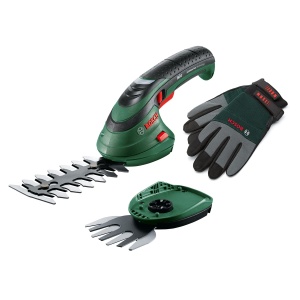 Set de taiat iarba si arbusti Bosch Isio, 3.6V, lama 12 cm, cu manusi XL