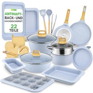 Set de tigai si oale NutriChef, 22 piese, antiaderent, culoare Eisblau