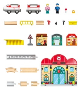 Set de tren din lemn Hape portabil cu statie si accesorii extensibil pentru copii - Img 6