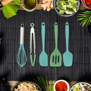 Set de ustensile de bucatarie pentru copii Fackelmann 44737, 5 piese, silicone, verde-albastru - Img 2