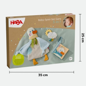 Set jucarii HABA 3-in-1 pentru bebelusi cu carte textila jucarie de prins si paturica moale model gasca - Img 7