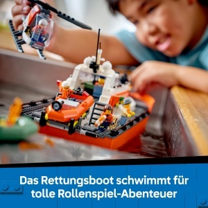 Set LEGO City - Barcuta de salvare cu elicopter, 742 piese, 5 minifigurine - Img 4