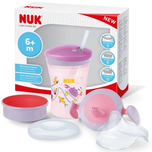 Set NUK 3-in-1 pentru a invata sa bei cu ceasca de antrenor 6 luni cupa magica 360deg pentru invatare 8 M si sticla de baut Action Cup pentru copii 12