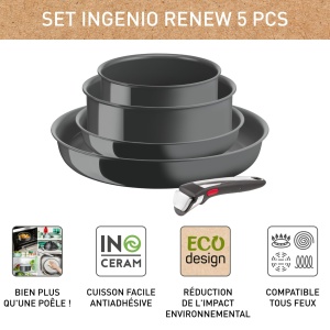 Set tigai si oale Tefal Ingenio Renew L2619002 5 piese Inductie Strat ceramic Maner detasabil - Img 3