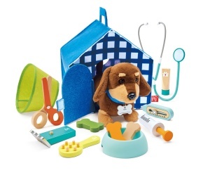 Set veterinar Hape cu catel interactiv si accesorii cu cusca portabila pentru copii 3 ani