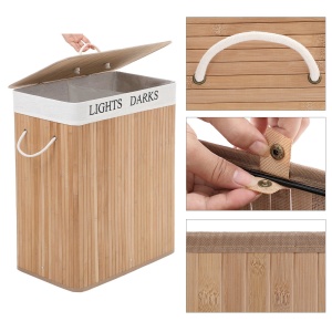 SONGMICS Cos de rufe din bambus sortator de rufe de 100 L cu 2 compartimente cos de rufe pliabil cu sac de rufe detasabil Cutie de rufe dreptunghiular - Img 5