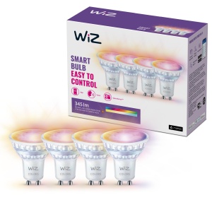 Spoturi LED WiZ Alb si Culoare Reglabile GU10 Pachet de 4 (345 lm), spoturi de sticla de 50 W cu 16 milioane de culori sau lumina reglabila alb cald pana la rece, control inteligent al iluminatului prin Wi-Fi prin voce/aplicatie - Img 1