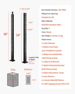 Stalp pentru Balustrada VEVOR 914 cm Otel Inoxidabil SUS304 Negru Model HR-016G - Img 7