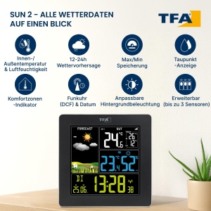 Statie Meteo TFA Dostmann SUN2 cu Senzaur Exterior, Display Colorat, Negru - Img 2