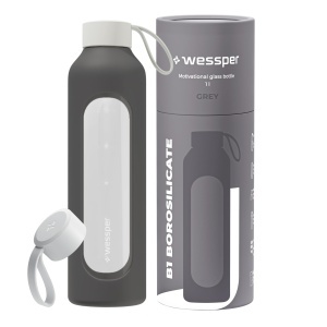 Sticla de apa Wessper ActiveMax 1L din sticla borosilicata, gri, cu capac din bambus