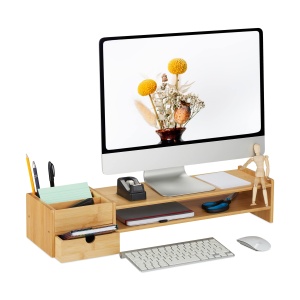 Suport Monitor din Bambus Relaxdays cu Organizer, 5 Compartimente si Sertar
