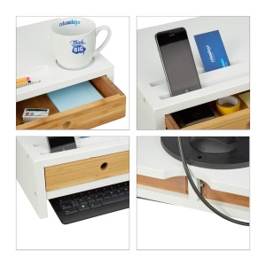Suport Monitor Relaxdays din Bambus, Ergonomic, 2 Sertare, AlbNatural - Img 8