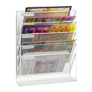 Suport pentru reviste Relaxdays, 5 compartimente, metal, alb, 40,5 x 32,5 x 10,5 cm