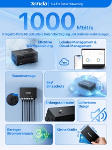 Switch Gestionat Tenda TEG2205D, 5 Porturi Gigabit, Cloud Management, Fara Ventilator - Img 2