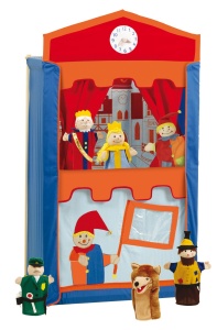 Teatru de papusi Kasperletheater din lemn masiv, cu 6 papusi de mana, 120x66x39 cm