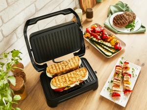 Tefal Inicio Compact 2-in-1 Contact si Panini Grill, 1000 W, design compact, carcasa din otel inoxidabil, tava de scurgere a sucului, placi antiaderente pentru gratar, otel inoxidabil/negru, GC270D10 - Img 4