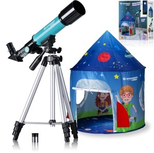 Telescop pentru copii Bresser Junior 50360, refractor, azimutal, cu cort, albastru