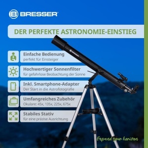 Telescop refractor Bresser Sirius 70900 AZ cu stativ, adaptor smartphone si filtre solare - Img 2