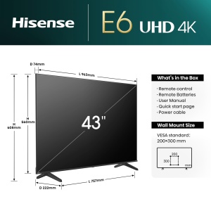 Televizor Hisense 43E6NT de 108 cm (43"), Smart TV 4K UHD, Color de precizie, HDR, Dolby Vision, 60 Hz, Tuner triplu DVB-C/S/S2/T/T2, WiFi, HDMI 2.1, Bluetooth, Alexa incorporat, Negru, [2024] - Img 2