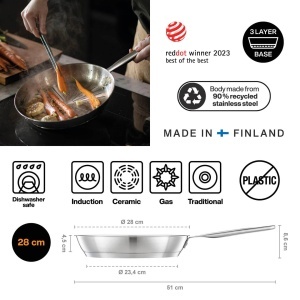 Tigaie din otel inoxidabil Fiskars, 28 cm, pentru toate tipurile de plite, argintie - Img 2